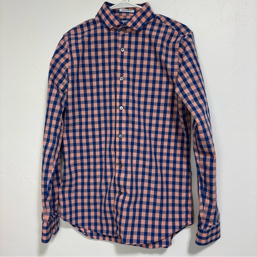 Express Men Button Front Extra Slim Fit Medium 15-15 1/2 Plaid Checked Blue